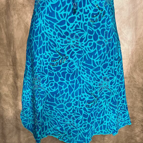 Vintage Y2K Tropical Tantrum Floral Leaf Print Beaded Sequin Mini Dress Blue - Picture 5 of 12
